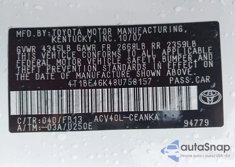 2008 Toyota Camry Le from USA, damaged, VIN 4T1BE46K48U758157